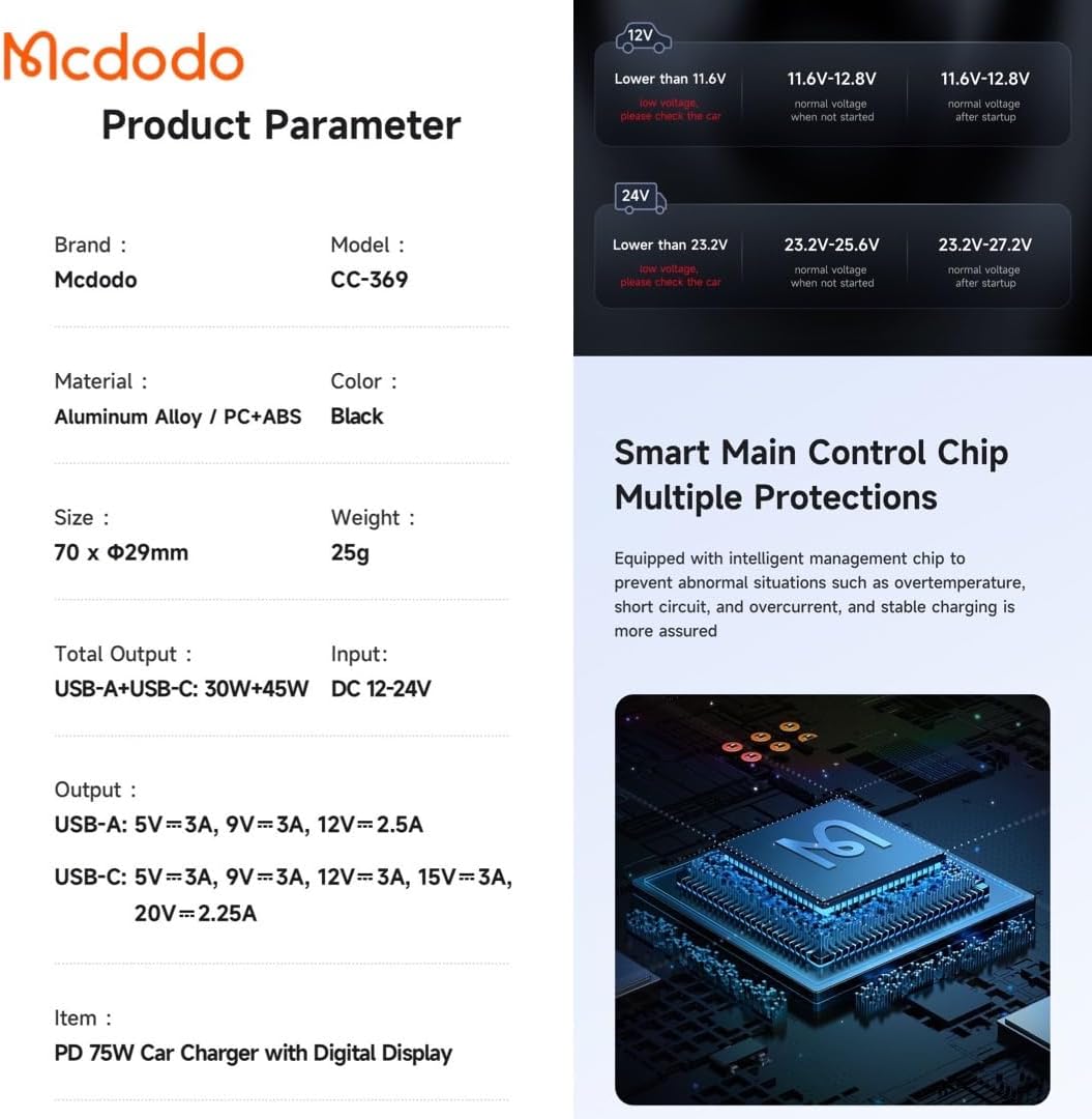 Mcdodo Cc-3690 75w Dijital Ekranlı 1xtype-c & 1xusb Girişli Hızlı Araç Şarj Aleti