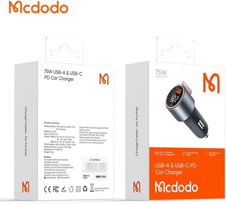 Mcdodo Cc-3690 75w Dijital Ekranlı 1xtype-c & 1xusb Girişli Hızlı Araç Şarj Aleti